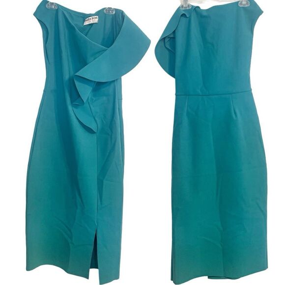 Chiara Boni Imani Asymmetric Ruffle Sheath Dress in Pavone - Picture 1 of 10